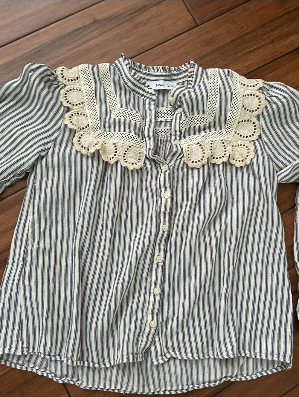 Mango Striped Lace-Yoke Blouse in White & Blue